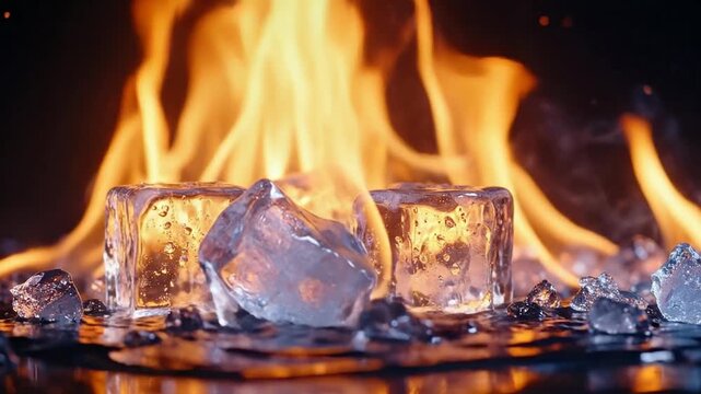 Dramatic contrast of ice cubes melting against a backdrop of vibrant flames.