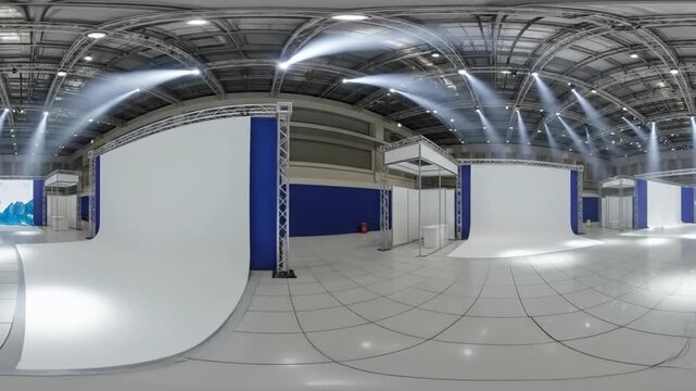 Panoramic view of a large empty exhibition hall with white screens and l structure.