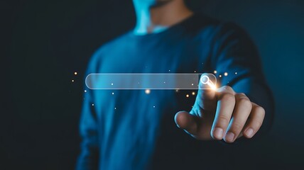 Web Surfing and Digital Exploration Concept with Finger Clicking Search Icon on a Virtual Browser Bar Interface