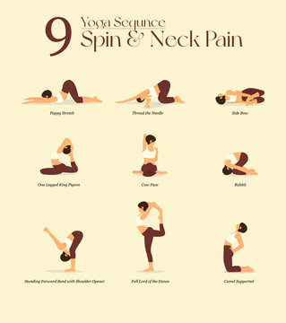 9 Yoga poses or asana posture for workout in spin and neck concept. Women exercising for body stretching. Fitness infographic. Flat cartoon vector.