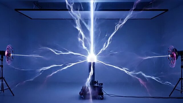 Plasma ball with electric discharges and studio lighting, creating a mesmerizing visual effect.