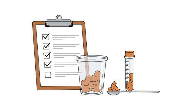 Medical illustration of a stool sample collection kit featuring a container, test tube, spoon, and a checklist on a clipboard.