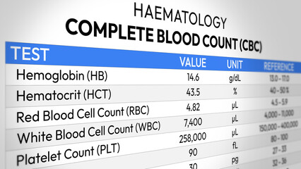 CBC Test Report, Complete Blood Count, Haematology, Medical Science, Hemoglobin Levels, White Cell Count, Platelet Evaluation and Health Screening. Random CBC Test Report. 2D Illustration