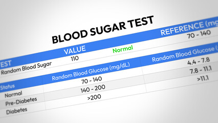 Blood Sugar Test Report. Glucose Level Monitoring, Diabetes Screening, Health Checkup, Fasting and Random Analysis, Metabolic Control. Random Blood Sugar Test Report. 2D Illustration
