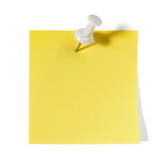 Bright yellow sticky note with a white pushpin on a blank paper background, perfect for a memo or reminder. Isolated office supply for your important messages.