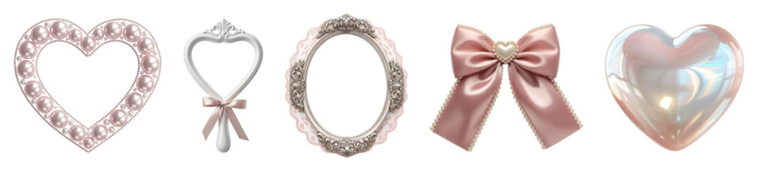 Elegant Collection of Romantic Pink and Pearl Decorative Elements: Heart Frames, Ornate Oval Frame, Satin Bow, and Iridescent Glass Heart on White Background