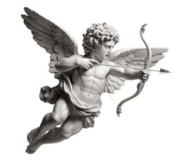 Dynamic White Marble Sculpture of Cupid in Flight, Poised with Bow and Arrow, Symbolizing Love and Desire in Classical Art