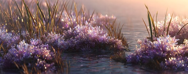 Silicon meadow with glowing crystal shrubs and ambient mist