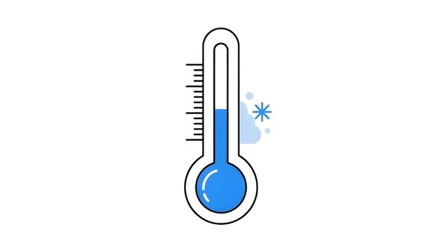 A thermometer with a blue liquid and snowflakes indicating cold temperature