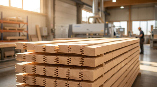 Close-up of neatly stacked finger jointed wooden beams in a bright, modern woodworking factory with machinery and a worker in the backgroun