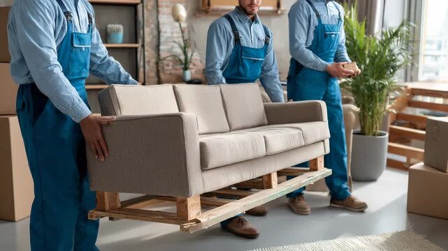 Two Movers Carefully Carry a Sofa on a Pallet Through a Modern Apartment During a Relocation Process.