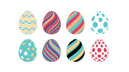 Collection of eight colorful Easter eggs decorated with various vibrant patterns like waves, stripes, and polka dots.