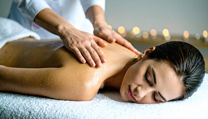 Fototapeta premium Relaxed young lady lying on massage table while therapist's hands work to sooth her muscles, massaging female back