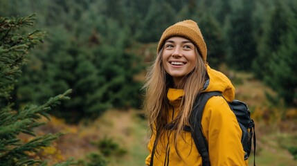 A woman in a yellow jacket and a brown hat is smiling in the rain