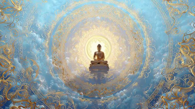 Meditating Buddha Statue Surrounded by Divine Light and Ornate Gold and Blue Sacred Patterns in a Spiritual Atmosphere