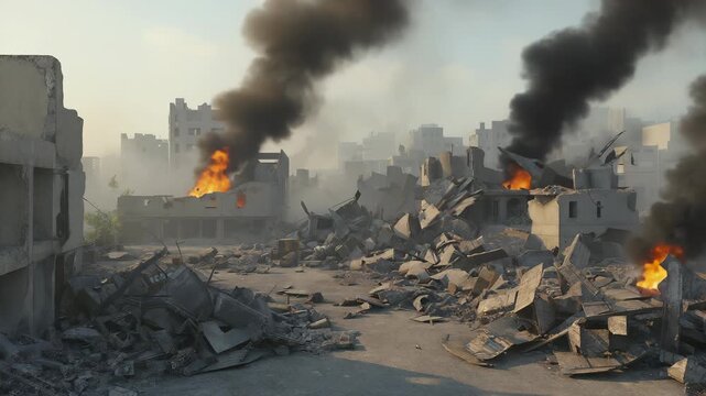 Devastated Urban Landscape: Collapsed Buildings and Rubble After Destruction - Post-Apocalyptic Scene