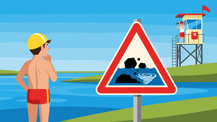 A boy in a swimsuit examines a warning sign near a lake depicting a rocky bottom and a whirlpool. A water safety poster: Don't dive in unfamiliar waters!