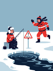 Ice safety poster. A boy fishes despite a "thin ice" warning sign. A lifeguard in an orange suit runs toward him to prevent danger.