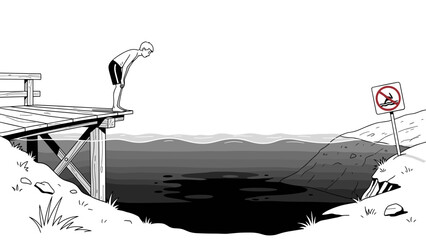 A poster about water safety. A boy looks into the water from a dock where a "No Diving" sign hangs.