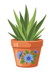 A painted terracotta pot with a plant on a transparent background.