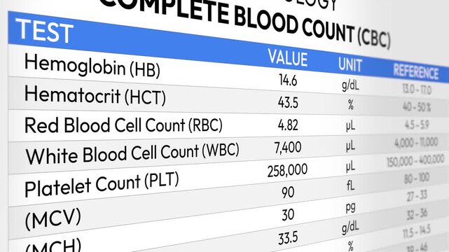 CBC Test Report, Complete Blood Count, Medical Science, Hemoglobin Levels, White Cell Count, Platelet Evaluation and Health Screening. Random CBC Test Report Video Animation