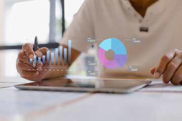 Senior person analyzing business data on tablet with digital charts and graphs. Concept of data analytics, financial report, business performance, strategy planning and modern technology dashboard.
