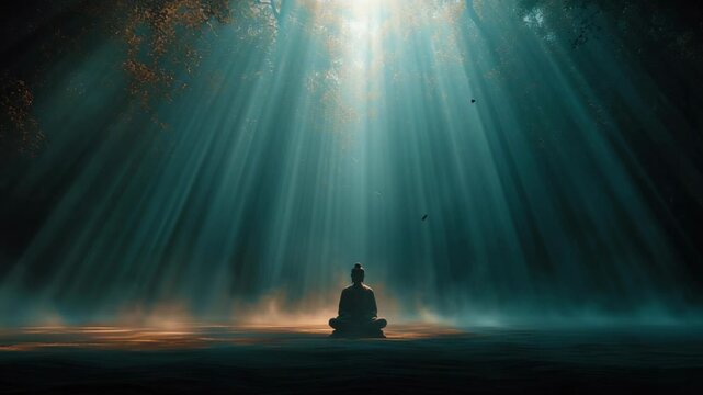 Serene Meditating Buddha Silhouette Under Sunlight Rays in Tranquil Forest Setting for Spiritual Peace