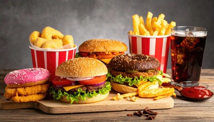  many junk unhealthy fast food on the table ultra processed food concept low nutrition value high calories value 