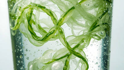 Obraz premium Hydration: Cucumber Ribbons. Thin translucent cucumber curled in clear water with bubbles.
