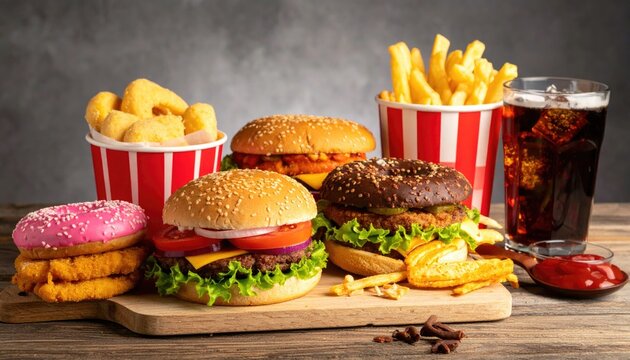  many junk unhealthy fast food on the table ultra processed food concept low nutrition value high calories value 