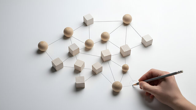 Network of wooden blocks concept &mdash; hand connecting nodes to form a collaborative grid

