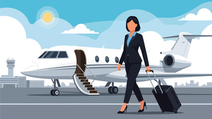A confident businesswoman in a sharp suit strides across the tarmac pulling a black suitcase, leaving a sleek private jet behind her under a bright, stylized sky with an airport tower in the distance