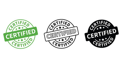 Obraz premium Three certified stamps in green, black, and white on a plain background