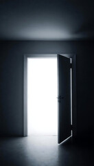 Light Shines from open door in dark room. Sun rays fiils the dark space. Dark room and bright white light in the doorway