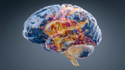 3d rendering of a translucent human brain with glowing neural activity