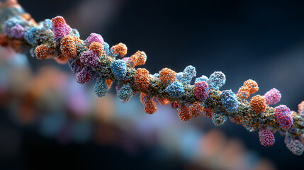 Abstract 3d rendering of vibrant spherical molecules representing microscopic particles or viral structures on a black background