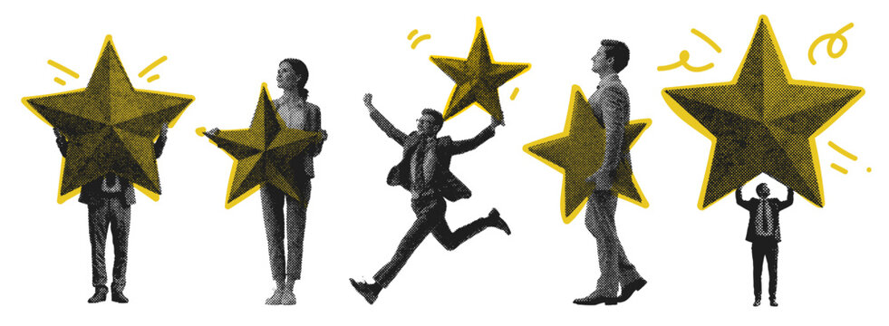 Halftone graphic collage of business person with large star representing quality service and customer review