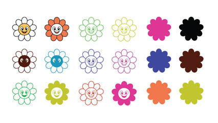 A colorful illustration of smiling flowers in various stages of completion