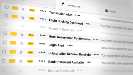 Flight Booking Confirmed, Hotel Reservation, Bank Statement, Invoice Generated Notifications, Transaction Records, Travel Details and Payment Confirmation. Email Scrolling List Closeup.2D Illustration