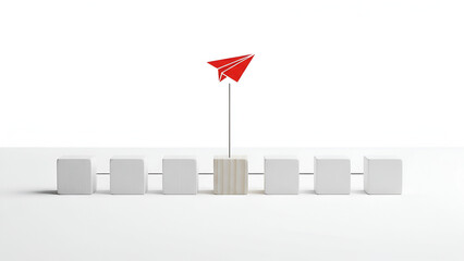 Paper airplane launch concept — signal flag and milestone in a row of blocks

