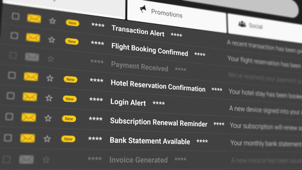Flight Booking Confirmed, Hotel Reservation, Payment Receipt, Invoice Generated, Bank Statement and Travel Confirmation. Email Scrolling List Closeup. 2D Illustration