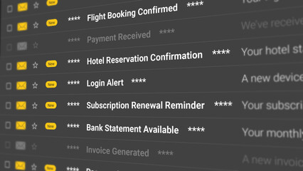 Flight Booking Confirmed, Hotel Reservation, Payment Receipt, Invoice Generated, Bank Statement and Travel Confirmation. Email Scrolling List Closeup. 2D Illustration