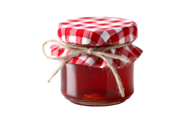 Red fruit jam jar with gingham cloth lid tied with twine, isolated on transparent background