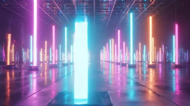 Abstract neon light installation with vibrant colors creating a futuristic and modern atmosphere.