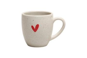 White ceramic mug with small red heart icon, isolated on transparent background