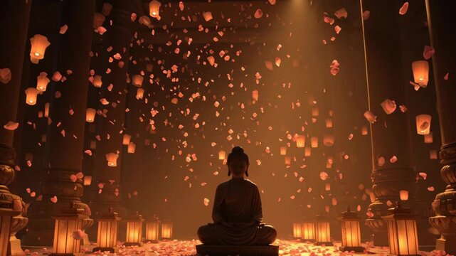 Serene Meditating Buddha Statue in a Warm, Glowing Temple with Floating Petals and Soft Candlelight Ambiance