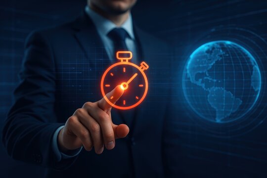 Strategic Time Management: A sharply dressed executive, in a sophisticated business suit, interacts with a digital representation of a stopwatch and the globe.