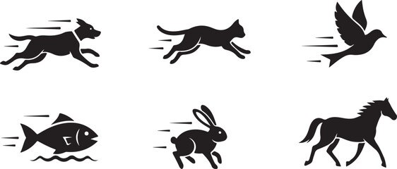 Set of Silhouettes of Animals in Motion: Dog, Cat, Bird, Fish, Rabbit, Horse