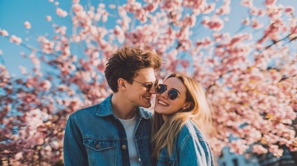 A couple is posing for a picture in front of a tree with pink flowers