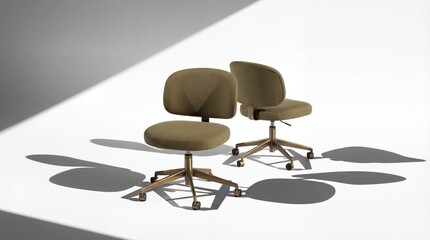 Modern office chairs positioned in a diagonal line on a white floor with shadows cast from a light source
